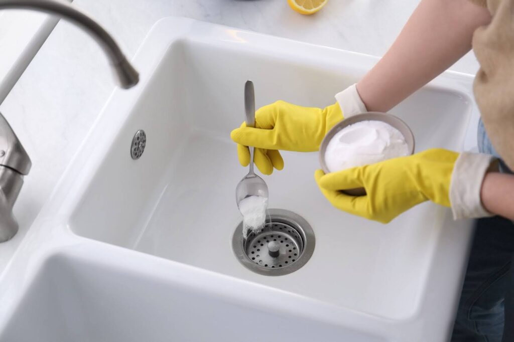 a female's hands in yellow rubber gloves spooning baking soda into a kitchen sink drain to clean it